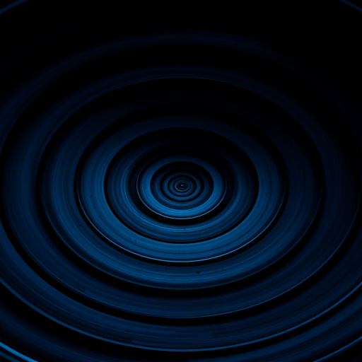 Create a high-resolution abstract image of a spiral pattern with concentric circles in shades of blue and black, using a Canon EOS R5 camera, 50mm lens, f/8 aperture, ISO 100, and a shot angle of 45 degrees for depth.