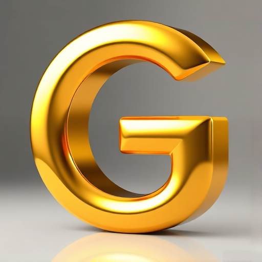 Create a high-resolution image of a bold, shiny golden letter G with a smooth reflective surface, using a DSLR camera with a 50mm lens, f/1.8 aperture, ISO 100, and 1/200 sec shutter speed, taken from a slight angle to enhance the 3D effect and depth.
