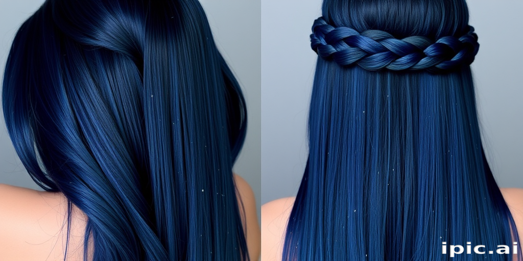 Midnight blue hair with scattered silver star-like highlights creates a captivating "Celestial Night" appearance. The long, straight locks are styled in a sleek, glass-like finish that reflects light beautifully. A section of hair is braided into an intricate crown, mimicking the Milky Way, while the rest flows freely like a river of starlight.