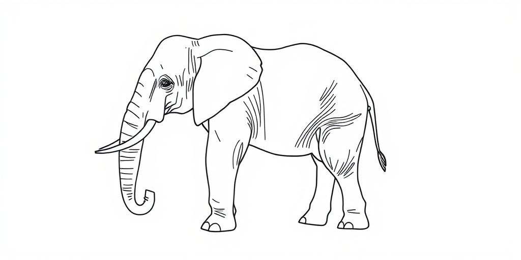 Create a high-resolution line drawing of an elephant with a clean, minimalistic style, using a digital camera with a 50mm lens, aperture set to f/8, ISO 100, and a slight vignette effect for focus enhancement.