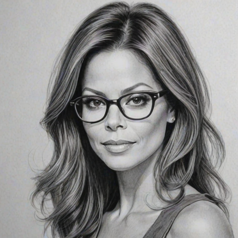 Bewitching Brooke Burke, pencil sketch, portrait of Enchanting woman 1927s in glasses, hair style beatnik, outline, clear lines, fine lines, 8k