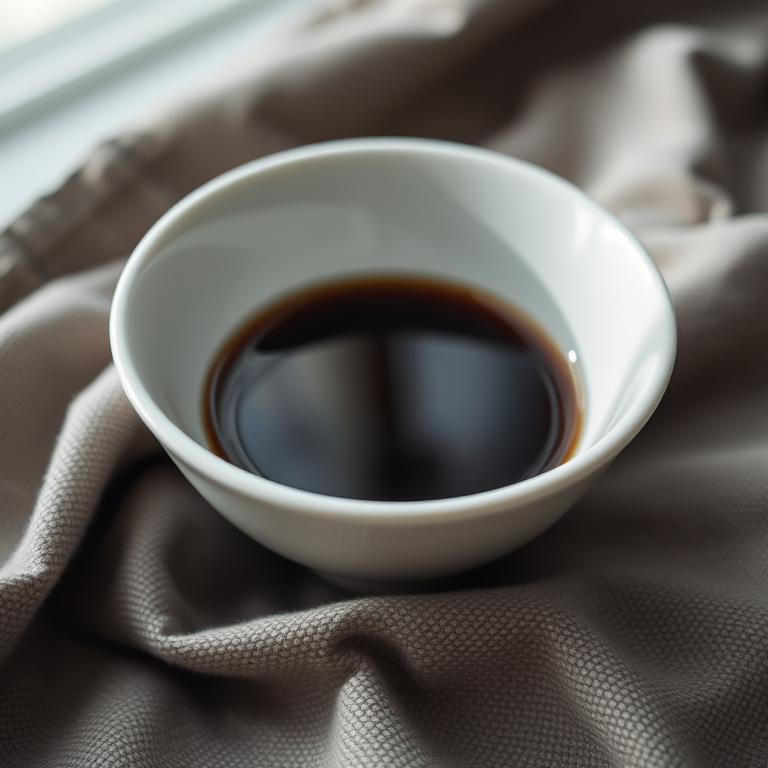 a close-up shot of a white bowl filled with dark liquid sitting on a textured cloth, soft natural lighting, 50mm lens, f/2.8 aperture, ISO 200, shallow depth of field, DSLR camera