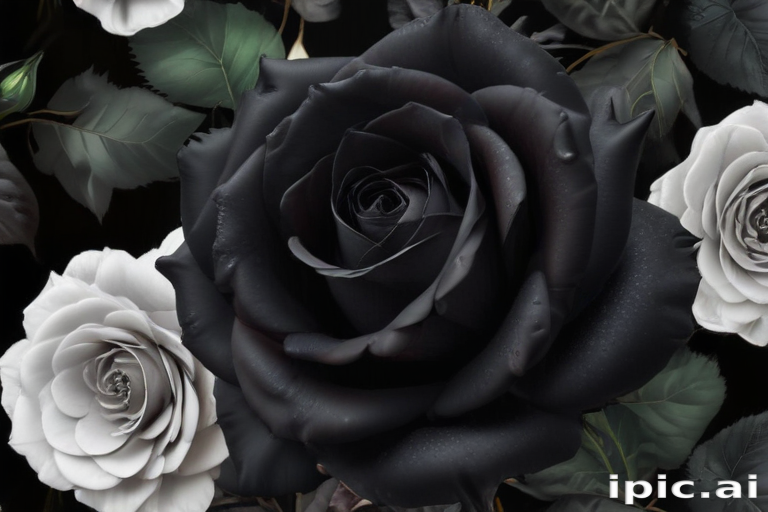 Elegant Black Rose Surrounded by Delicate White Roses on Dark Background