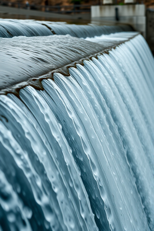 Create a high-resolution image of a flowing water dam, showcasing the water cascading over the structure with detailed textures and reflections, using a DSLR camera with a 50mm lens, aperture set to f/8 for depth of field, ISO 100 for low noise, and a shutter speed of 1/250 seconds to freeze the motion of the water.
