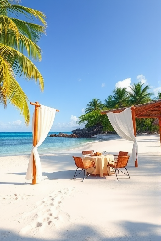Create a picturesque tropical beach scene featuring a serene, white sandy shore. In the foreground, there's a rustic wooden canopy with white drapes gently flowing in the breeze. Underneath the canopy, a table is set with tropical decor, evoking a sense of relaxation and leisure. The beach extends into a calm, shallow water area with reflections of the sky and surroundings. Palm trees and lush greenery line the edge of the beach, providing a natural, tropical backdrop. The sky is clear with a few scattered clouds, and the overall atmosphere is tranquil and inviting, perfect for a peaceful retreat.