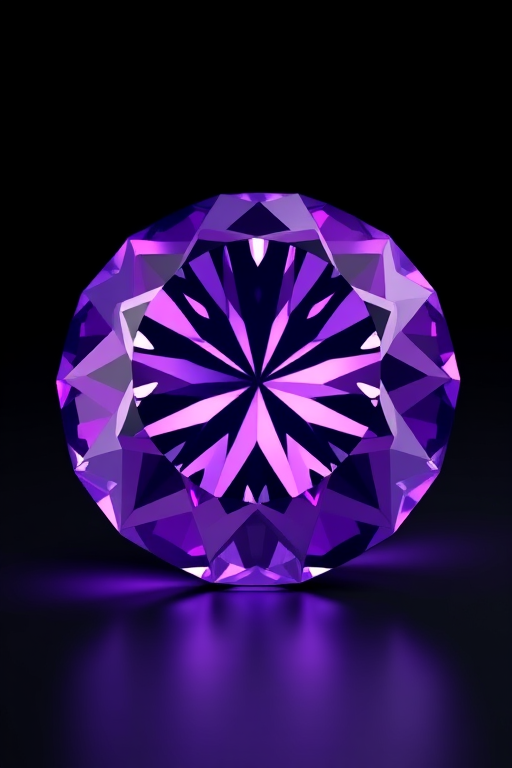 Create a high-quality 3D rendering of a purple diamond, featuring intricate geometric facets and a glossy finish, captured with a Canon EOS R5 at f/8, ISO 100, and a 50mm lens, in a studio setup with softbox lighting for even illumination and a black background for contrast.