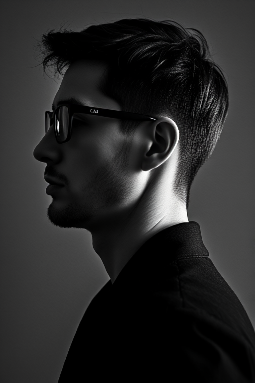 Create a high-resolution black and white portrait of a male figure in profile, with short hair and glasses, using a Canon EOS R5 with a 50mm f/1.2 lens, aperture set to f/2.8, ISO 100, and a soft light source for even illumination.