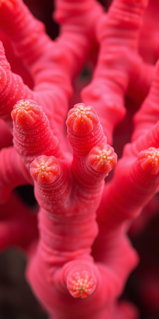 Regenerate a vibrant red coral structure with intricate textures and details, captured using a macro lens, at f/2.8 aperture for a shallow depth of field, ISO 100 for minimal noise, with a focal length of 100mm, in natural light to enhance colors.