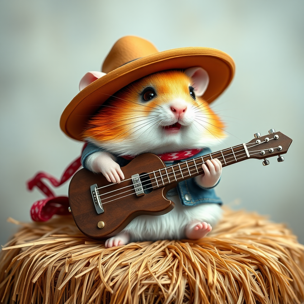 A chibi hamster, dressed as a cowboy, playing guitar, sitting on a hay bale