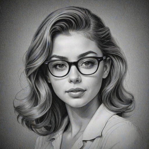 Comely Sarah Hyland, pencil sketch, portrait of Alluring woman 1941s in glasses, hair style beatnik, outline, clear lines, fine lines, 8k
