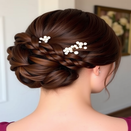 Elegant updo featuring a sleek chignon in rich mahogany brown, adorned with delicate pearl pins and intricate braided accents, perfect for formal occasions