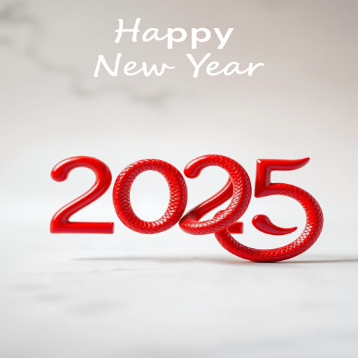 Create an artistic New Year greeting featuring the year 2025 with a stylized red snake intertwined through the numbers, using a minimalist design, shot with a DSLR camera at f/2.8, ISO 100, 50mm lens, natural light, and a soft focus background for enhanced clarity and vibrancy.