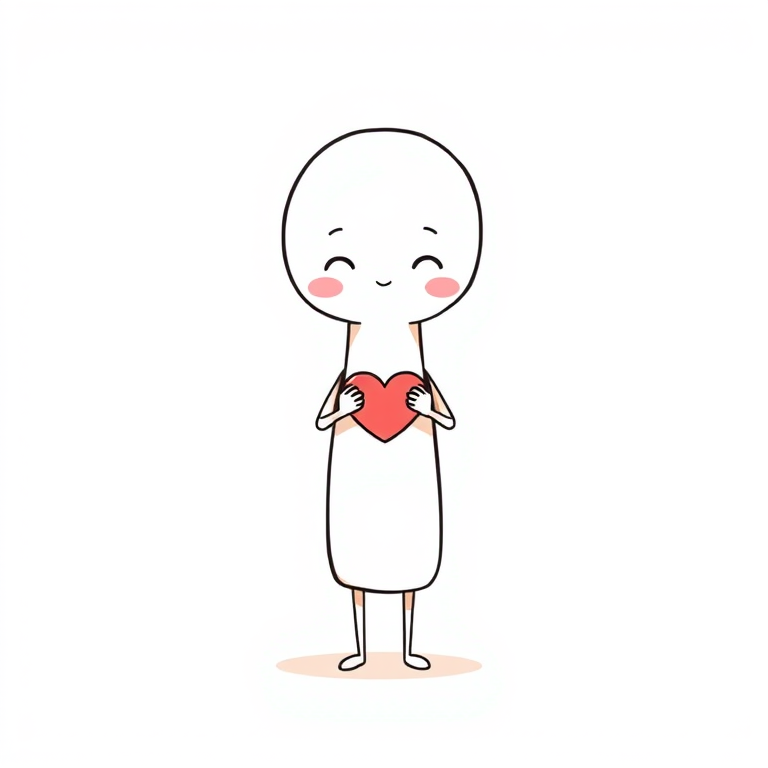 Create a simple cartoon character with a long body and a rounded head. The character should have blushing cheeks and be holding a heart shape with its hands. The style should be minimalistic with clean lines and a playful expression. Use a white background for a cheerful look.