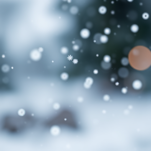 Create an illustration of falling snowflakes with motion blur effect, using a shallow depth of field; camera settings: ISO 100, aperture f/2.8, shutter speed 1/500s; camera view: close-up; camera style: minimalist; camera type: DSLR.