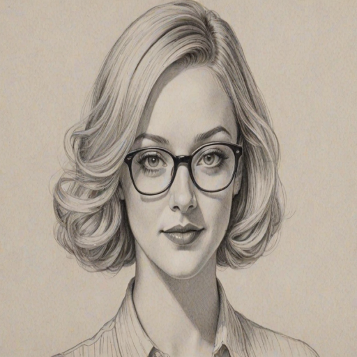 Lovely Abby Elliott, pencil sketch, portrait of Gorgeous woman 1933s in glasses, hair style beatnik, outline, clear lines, fine lines, 8k