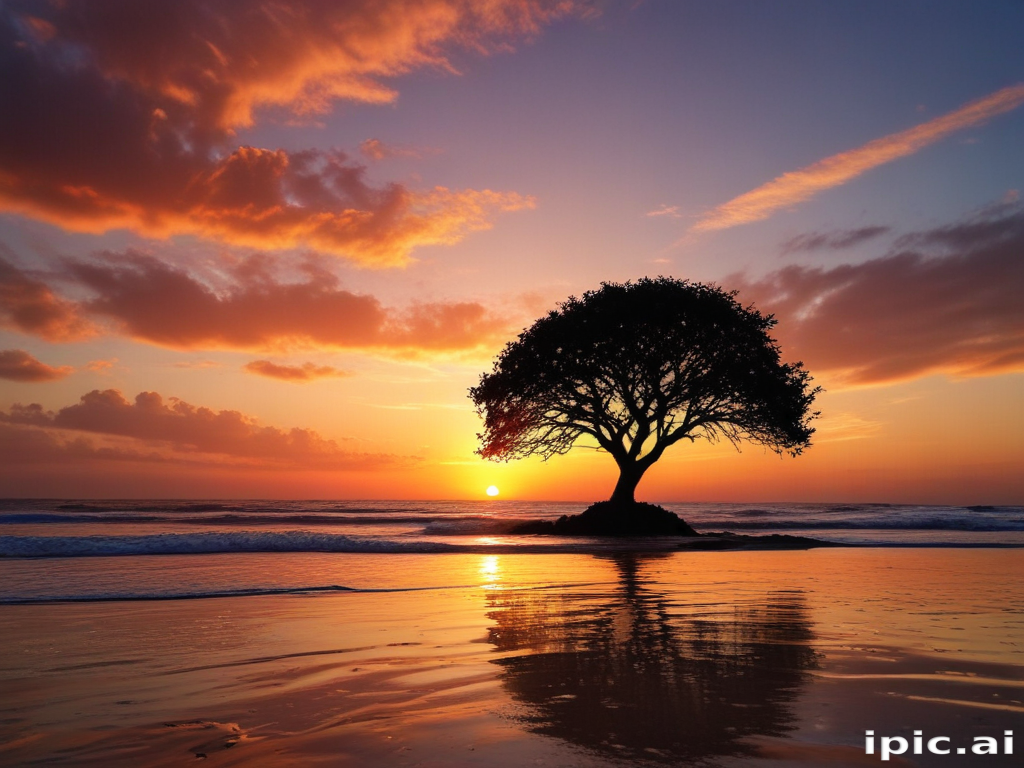 Stunning Sunset Over the Ocean with a Solitary Tree Silhouette