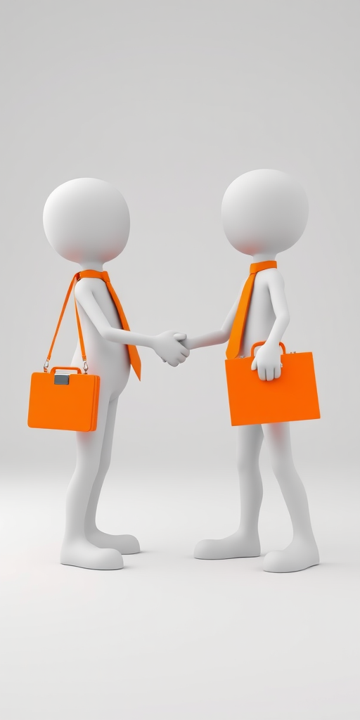 Create a high-resolution 3D rendering of two stick figures shaking hands, both wearing orange ties and holding orange briefcases, shot with a Canon EOS 5D Mark IV, 50mm lens, f/2.8 aperture, ISO 100, with a softbox lighting setup to enhance details and clarity.