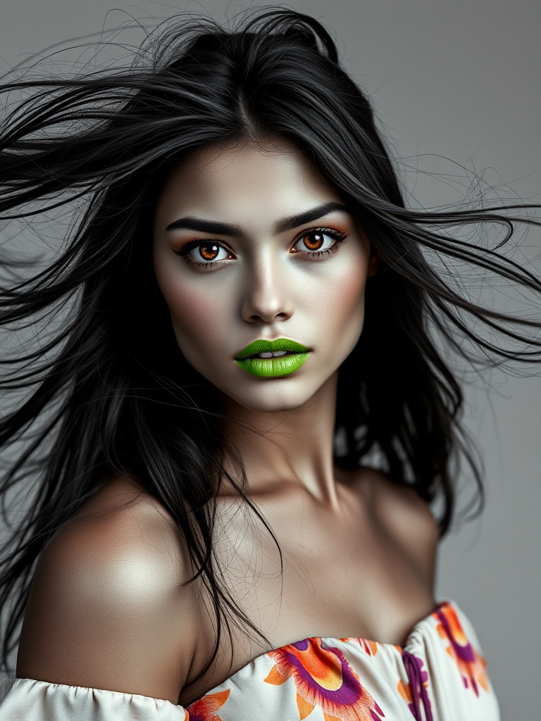 Photographic image of a beautiful young Aztec woman, orange eyes, lips with green lipstick, long hair fluttering in the wind and wearing a silk strapless dress with a soft purple and orange print. monochrome image with only color highlights in the iris of the eyes, lipstick and dress. Gray background.