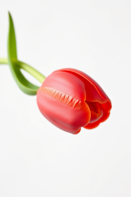 Create a high-resolution image of a single red tulip with green leaves against a white background, using a Canon EOS 5D Mark IV camera, with a 50mm f/1.8 lens, aperture set to f/2.8, ISO 100, and a shallow depth of field to enhance focus on the flower.