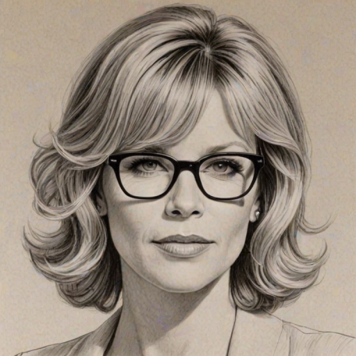 Gorgeous Kate Capshaw, pencil sketch, portrait of Stunning woman 1952s in glasses, hair style beatnik, outline, clear lines, fine lines, 8k