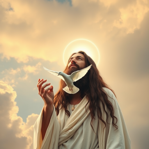 Create an image of a serene figure resembling a spiritual leader, with long hair and a glowing halo, gently releasing a white dove, set against a dramatic sky with soft clouds, captured with a Canon EOS R5 at f/1.8, ISO 100, 50mm lens in soft, diffused lighting for enhanced detail and vibrant colors.