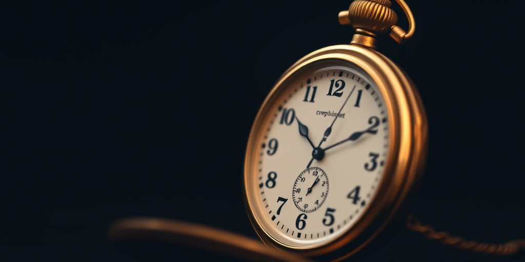 Close-up of a vintage gold pocket watch in motion on a black background, captured with a DSLR camera using a 50mm lens, f/1.8 aperture, 1/60 sec shutter speed, ISO 100, with a low-angle view and soft focus for artistic effect.