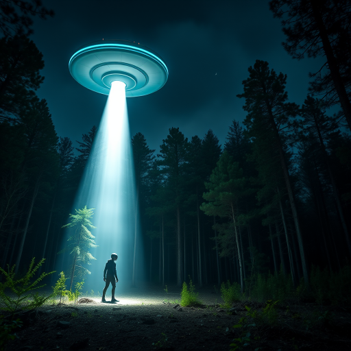 A nighttime forest landscape featuring a UFO with bright lights beaming down on an alien, captured with a DSLR camera, 24mm lens, ISO 400, f/2.8, 1/60s exposure, in high dynamic range style.