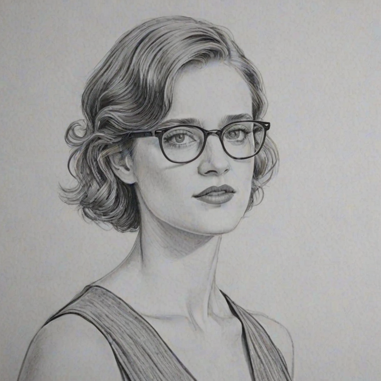 Splendid Mackenzie Davis, pencil sketch, portrait of Graceful woman 1931s in glasses, hair style beatnik, outline, clear lines, fine lines, 8k