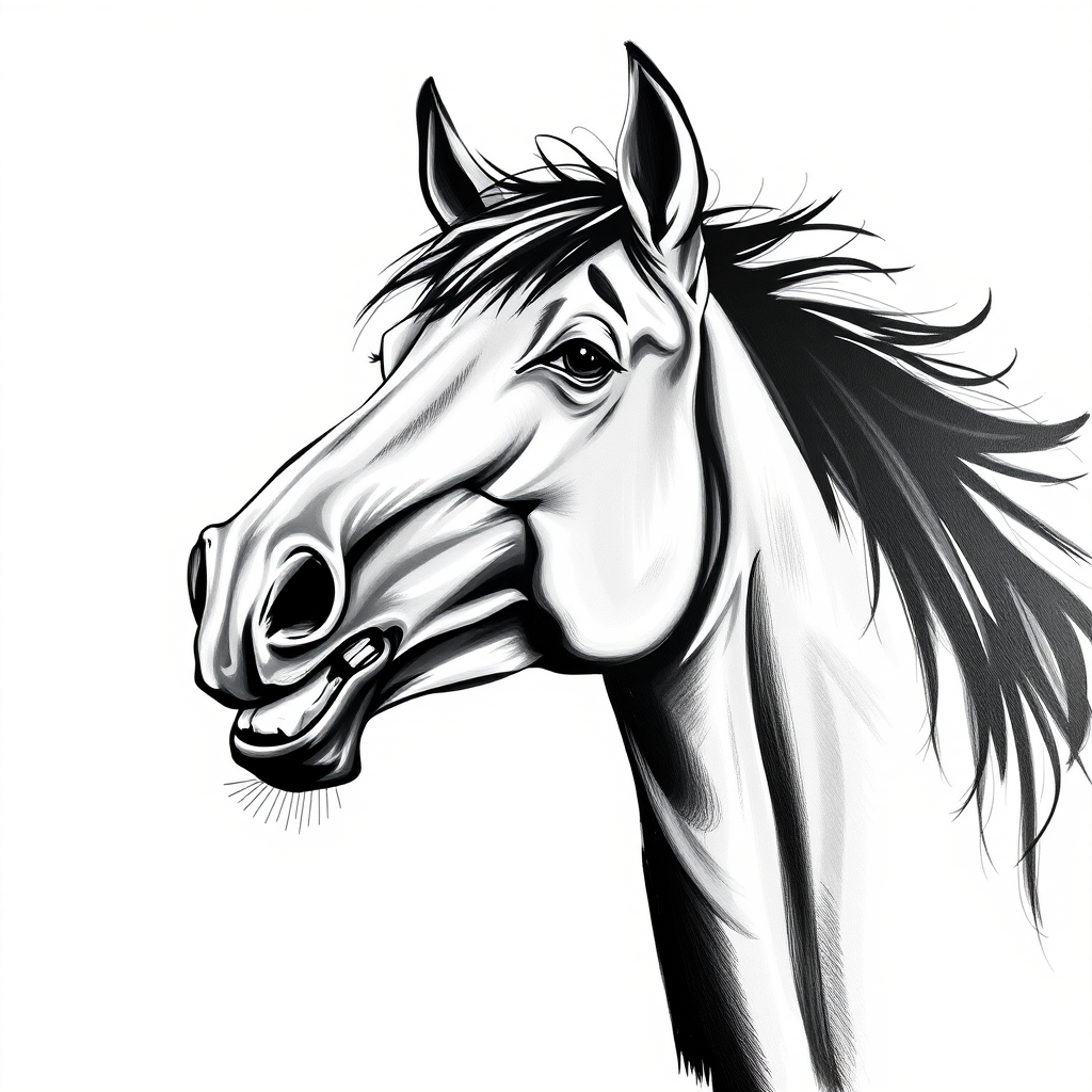 Abstract black and white acrylic portrait of an over exaggerated laughing (horse). Minimalism style. White background.