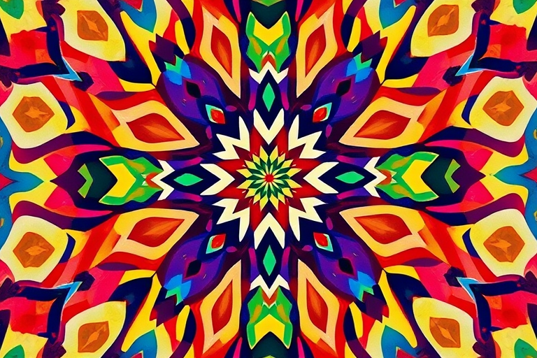 Create a high-resolution geometric pattern with vibrant colors and intricate designs, using a Canon EOS R5 camera, 50mm lens, f/1.8 aperture, ISO 100, and a top-down perspective to enhance depth and detail.