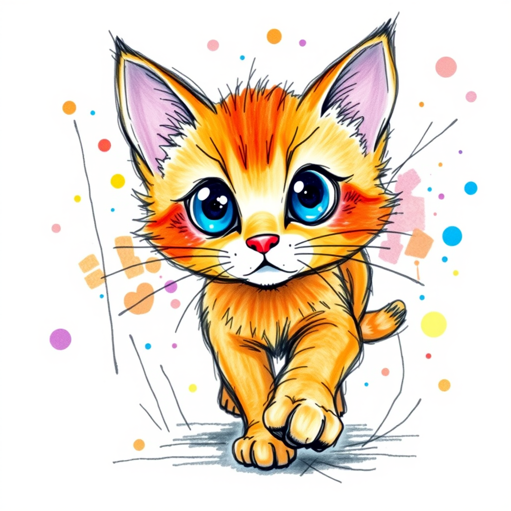A vibrant childs coloured pencil drawn illustration of a bright orange cat with large, expressive blue eyes, a very cute style. The cat appears to be walking towards the viewer, surrounded by an abstract splash of colors and fine black lines, giving the image a dynamic and artistic flair. The background is a soft beige, highlighting the cat's vivid coloration and playful demeanor. Naively drawn scratchy line style.