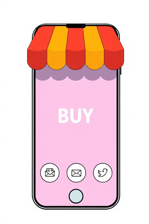 Create a high-quality digital illustration of a smartphone with a shop awning, featuring the word "BUY" on the screen, accompanied by four circular icons representing contact methods: email, phone, location, and social media, use a clean and minimalistic style, shot with a wide-angle lens at f/8, ISO 100, 1/125s, in bright, even lighting.