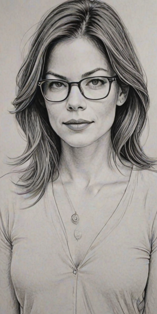 Attractive Michelle Monaghan, pencil sketch, portrait of Superb woman 1977s in glasses, hair style beatnik, outline, clear lines, fine lines, 8k