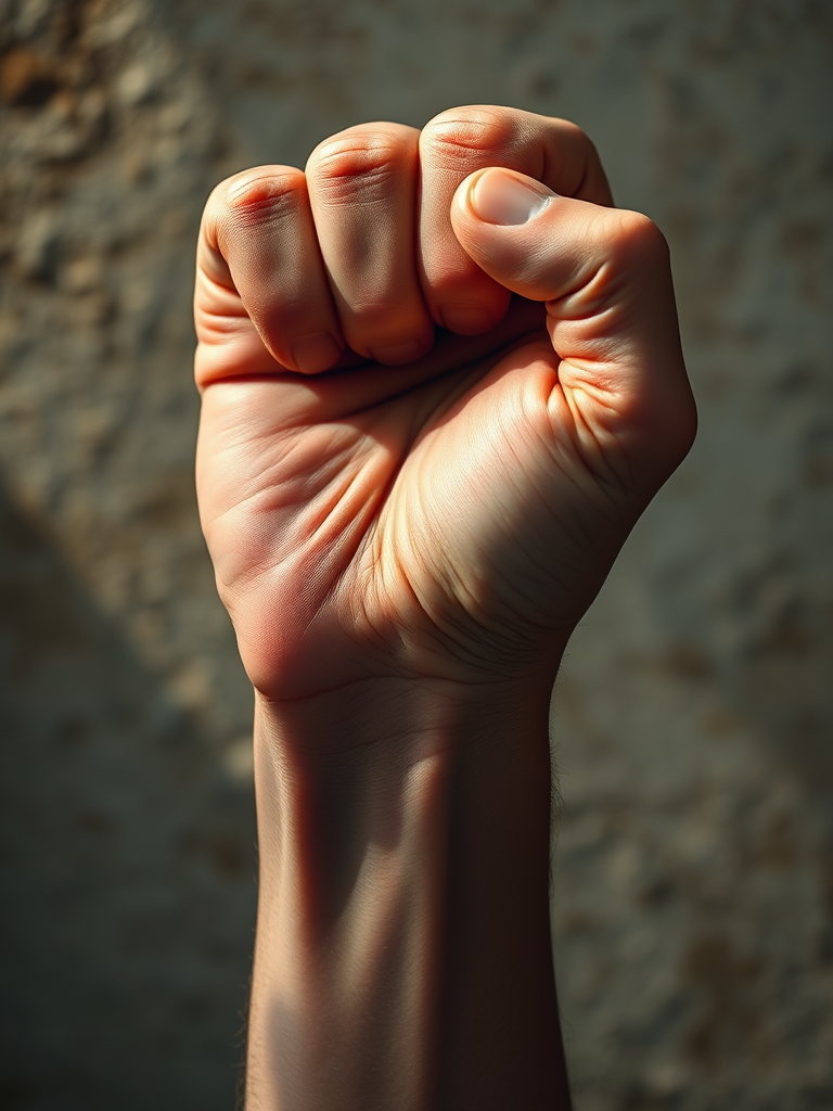 create a highly detailed image of a raised fist, emphasizing texture and lighting, shot with a Canon EOS R5, 85mm lens, f/2.8 aperture, ISO 100, and soft diffused natural lighting, captured in a macro view to highlight the skin's texture against a textured background.