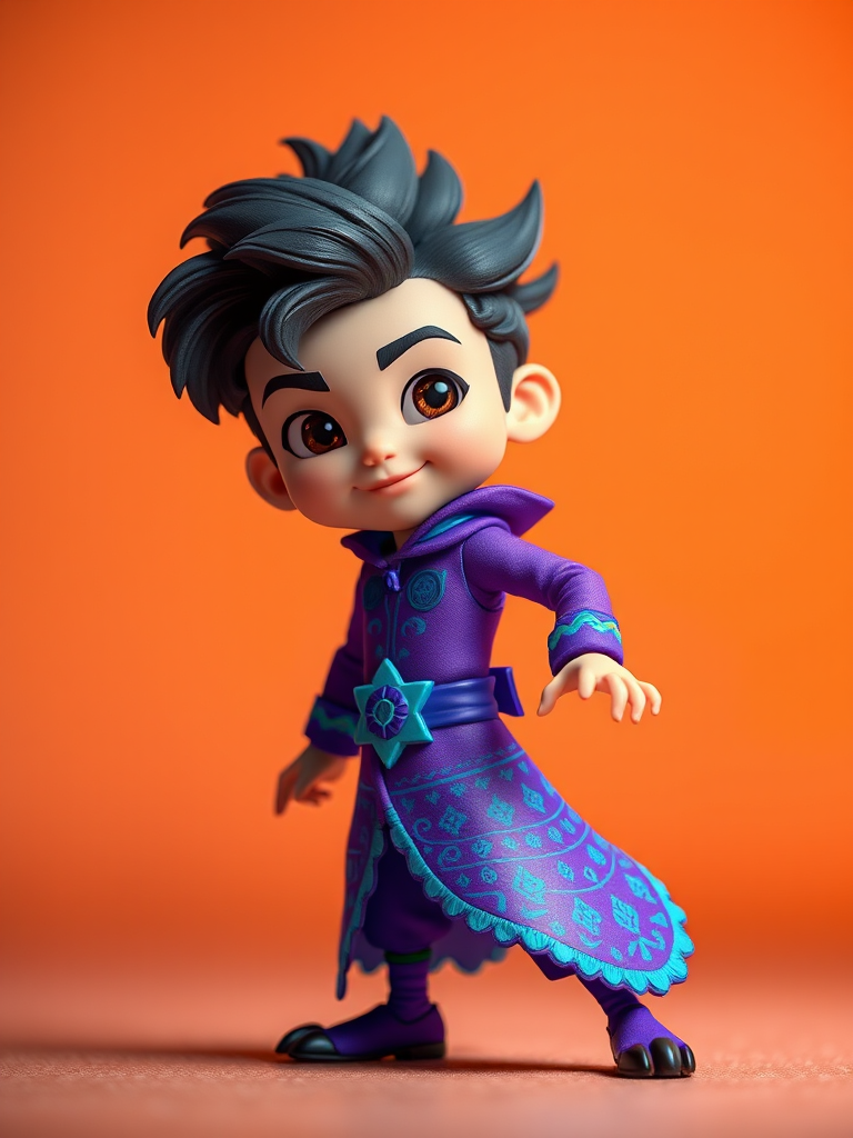 Create an image of a stylized animated character in a dynamic pose, wearing a vibrant purple and blue costume with intricate patterns, set against a warm gradient background, using a DSLR camera with a 50mm lens, aperture at f/2.8, ISO 100, and a shallow depth of field for enhanced image quality.