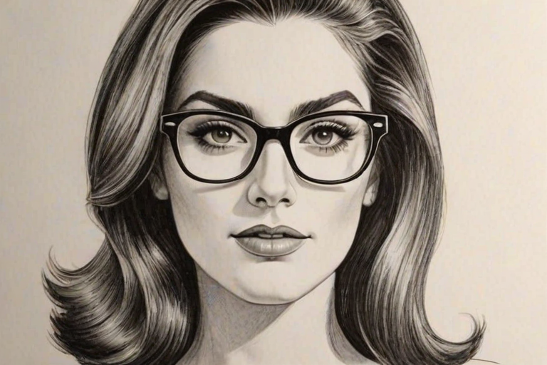 Bewitching Becca Kufrin, pencil sketch, portrait of Dazzling woman 1961s in glasses, hair style beatnik, outline, clear lines, fine lines, 8k