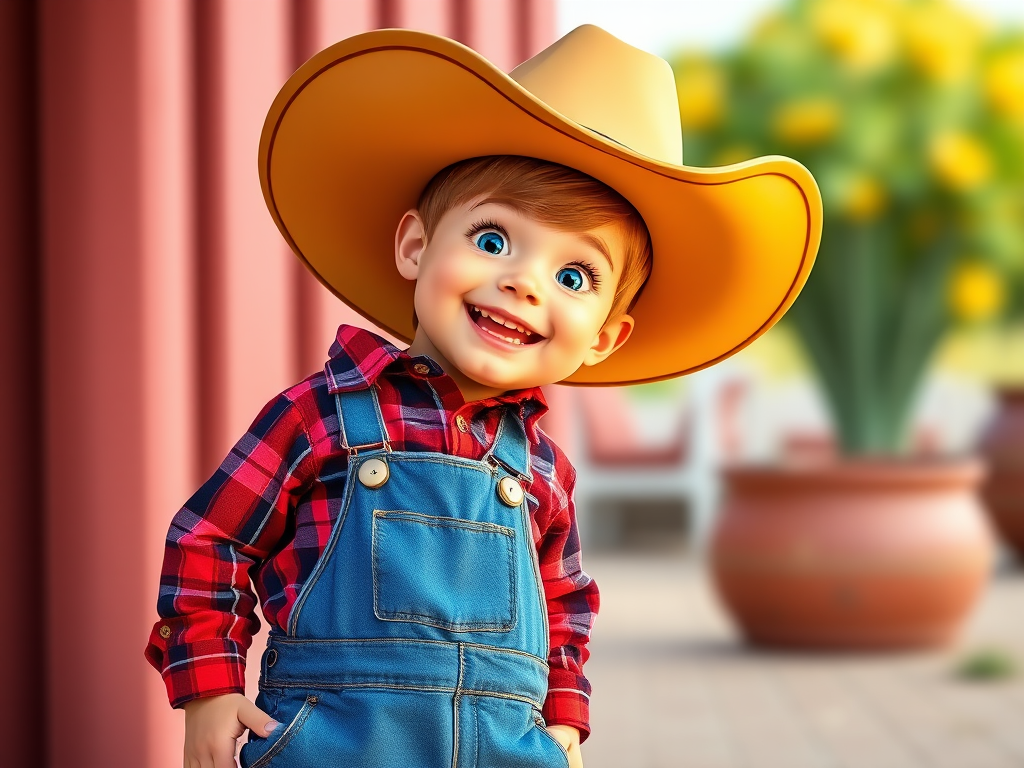 Create a cheerful cartoon-style image of a young boy wearing a large cowboy hat, a red plaid shirt, blue overalls, and brown boots, with a bright smile, captured in a vibrant color palette, using a Canon EOS R5 camera, with a 50mm f/1.8 lens, at ISO 100, aperture f/1.8, and 1/200s shutter speed for a crisp and clear quality.