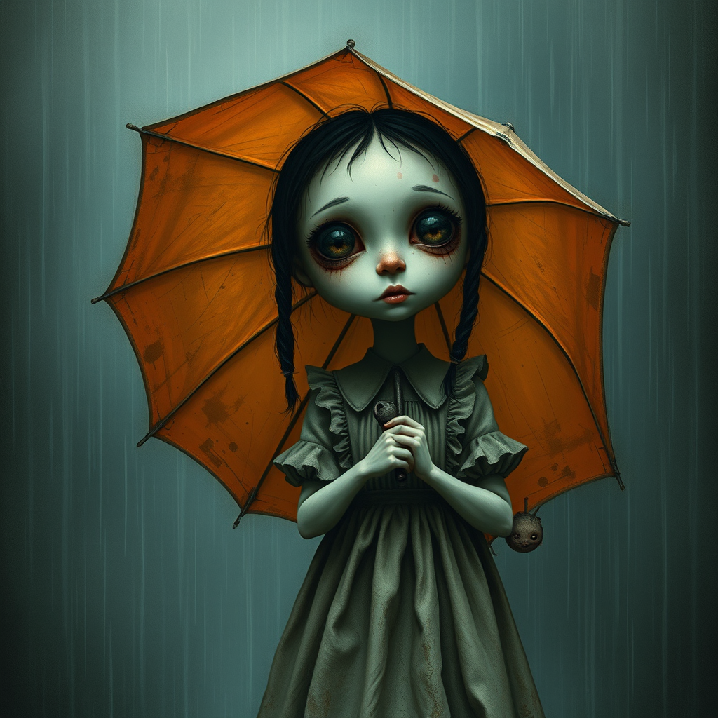 An eerie, weird little girl with dark hair in thin pigtails, wearing a smock dress, standing in the rain, holding a dirty orange umbrella, a small, odd creature beside her. In a surreal style inspired by Nicoletta Ceccoli and Brian Froud. Dark fantasy themes