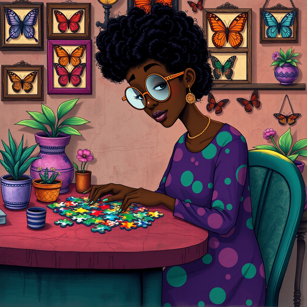 A vibrant and whimsical illustration of an african american woman sitting at a table working on a colorful jigsaw puzzle. she is wearing round glasses, and patterned clothing in shades of purple and green.  The background features an eclectic collection of framed butterflies, potted plants, and other natural elements, creating a warm and inviting atmosphere. The style is playful and modern, with rich textures, intricate details, and a lively color palette.