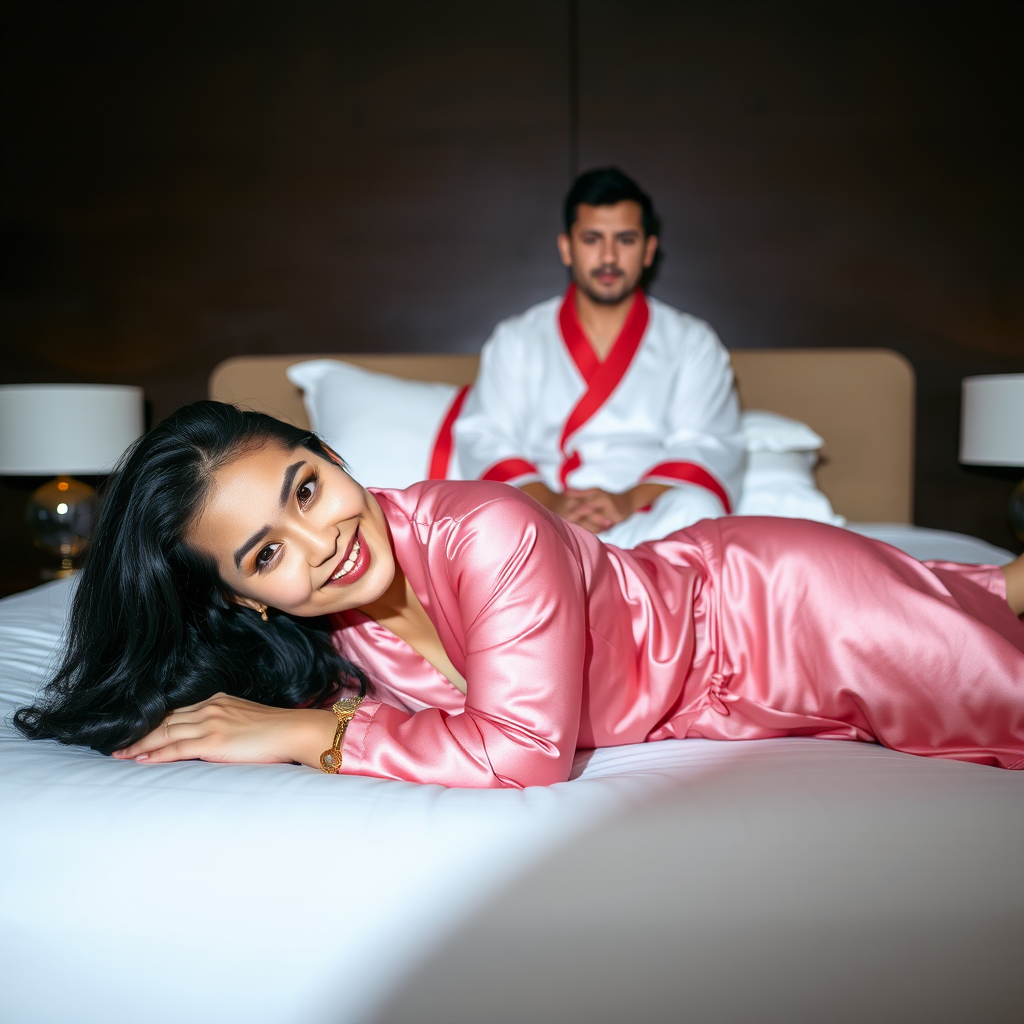 A man and a woman are lying on a bed in a dimly lit bedroom. The woman is in the foreground, lying on her stomach and looking directly at the viewer with a smile. She is wearing a pink silk robe and has long black hair. The man is sitting up in the background, looking directly at the viewer with a neutral expression. He is wearing a white silk robe with a red trim and has short black hair. The bed is white and has a white pillow at the head of the bed. There are two lamps on nightstands on either side of the bed, and the walls are a dark brown. The overall atmosphere is warm and inviting, with a soft focus on the subjects.