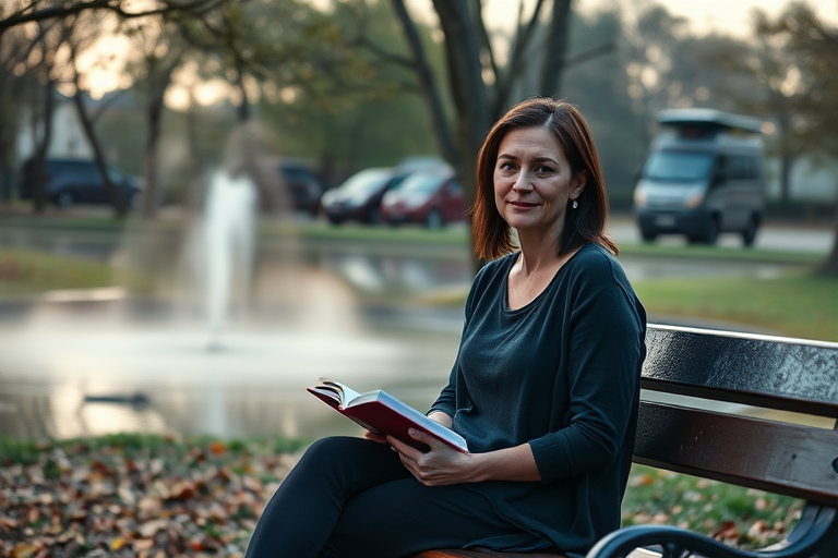 Quiet park in the early morning, mist rising off a nearby pond, a woman sits on a bench with a journal, the peacefulness of the moment mirrored in her calm expression.
