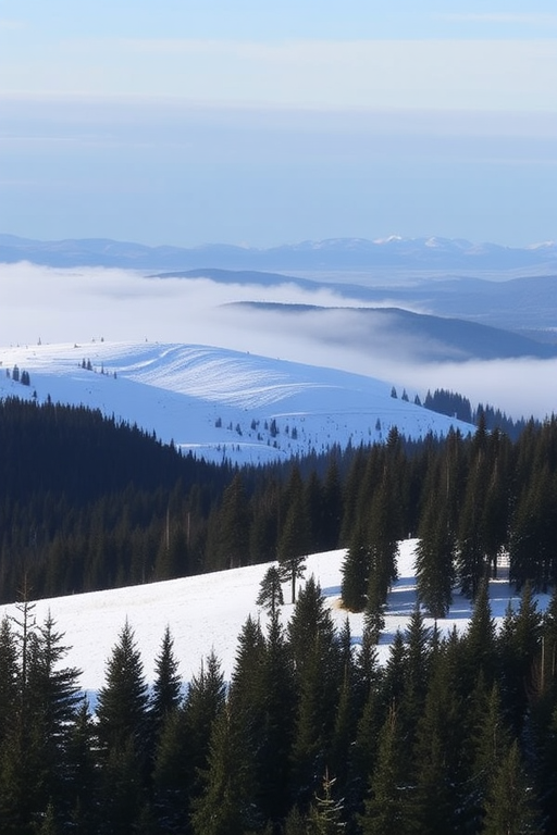 a serene winter landscape with snowy hills, mist gently rising, distant mountains in the background, and a dense forest of evergreen trees in the foreground