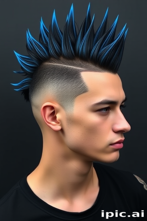 Dramatic jet black mohawk with shaved sides and a textured top, styled in spiky points with electric blue tips for an edgy and rebellious appearance