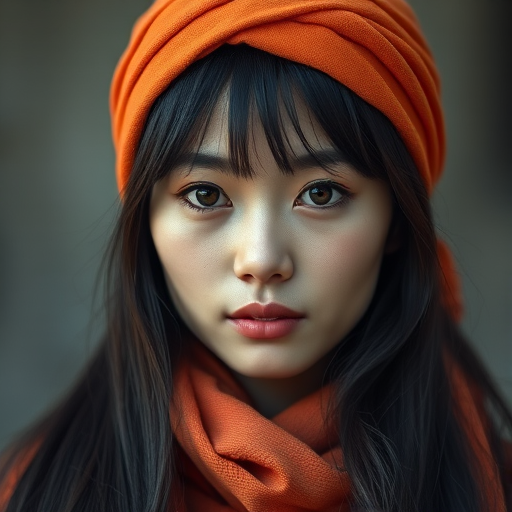 Create a portrait of a young Korean woman with long, dark hair and captivating hazel eyes. She is wearing a orange headscarf and a matching scarf draped gracefully around her neck. The background is softly blurred, focusing attention on her serene and natural expression. The overall color palette is muted and warm, enhancing the intimate and authentic feel of the portrait.