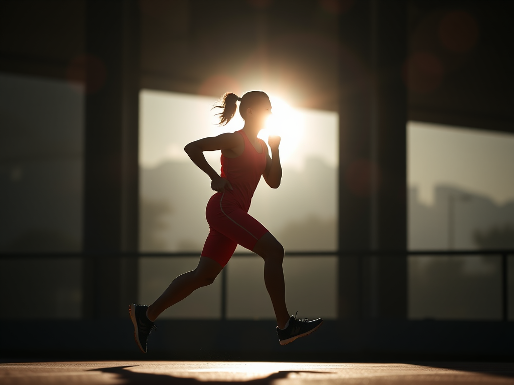 Create a high-resolution image of a silhouetted runner in a dynamic pose, wearing a bright red athletic outfit, captured with a DSLR camera at 50mm, f/2.8 aperture, ISO 100, in a well-lit environment, utilizing a shallow depth of field for enhanced focus on the athlete.