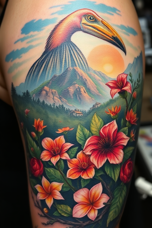 Realism color tattoo titled "Nature's Canvas" showcasing a hyper-realistic landscape scene with vibrant flora and fauna, utilizing advanced color theory and shading techniques for lifelike depth