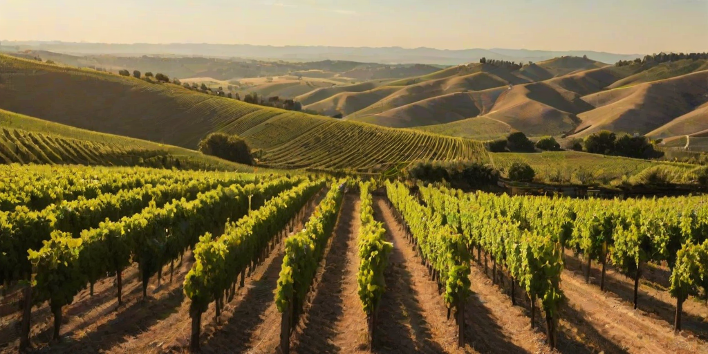 Lush vineyard stretching across rolling hills, grapevines heavy with fruit, and the late afternoon sun casting long shadows over the rows.