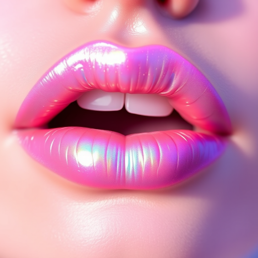 Holographic iridescent lip gloss in shifting pastel hues, dubbed "Unicorn Kisses," offering a mesmerizing rainbow effect and hydrating properties, suitable for playful and whimsical styles