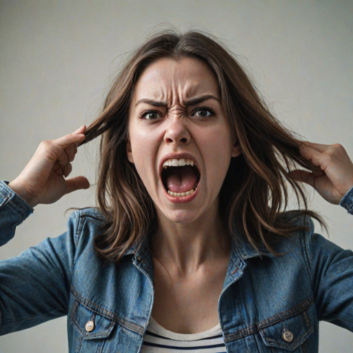 detailed edges, detailed image, perfection style, A cinematic detailed image of a screaming angry woman with a surprised look on her face holding her head with bother her hands, movie themed, sharp, detailed background, epic cinematic photography, artistic style, dramatic light style, cinematic color style, Kodak 35mm film style, detailed style, hand focus style, 1girl, solo, long hair, looking at viewer, open mouth, simple background, brown hair, shirt, white background, brown eyes, jacket, upper body, teeth, striped, denim, blue jacket, striped shirt, realistic, horror (theme), screaming, hands on own head, denim jacket, lips, wide-eyed, striped clothes, traditional media