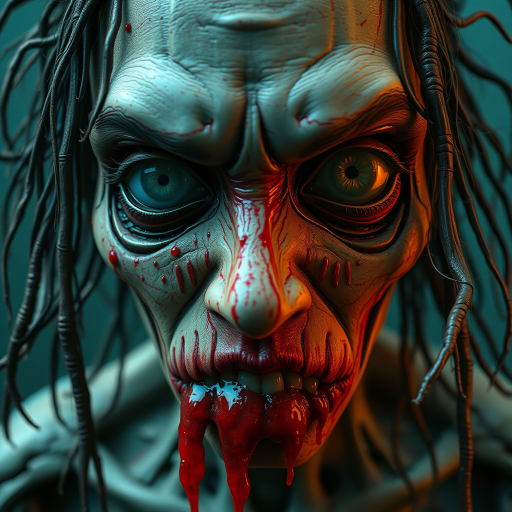 (perspective) of A creepy (ethnicity) zombie cyborg with (descriptive color) skin, (color) lipstick (color) liquid flowing from her eyes and mouth, (perspective two) portrait, (camera angle), extremely detailed, (art style) in the style of Yoshitaka Amano and Tetsuo Hara. --ar 85:128 --style raw --niji 6